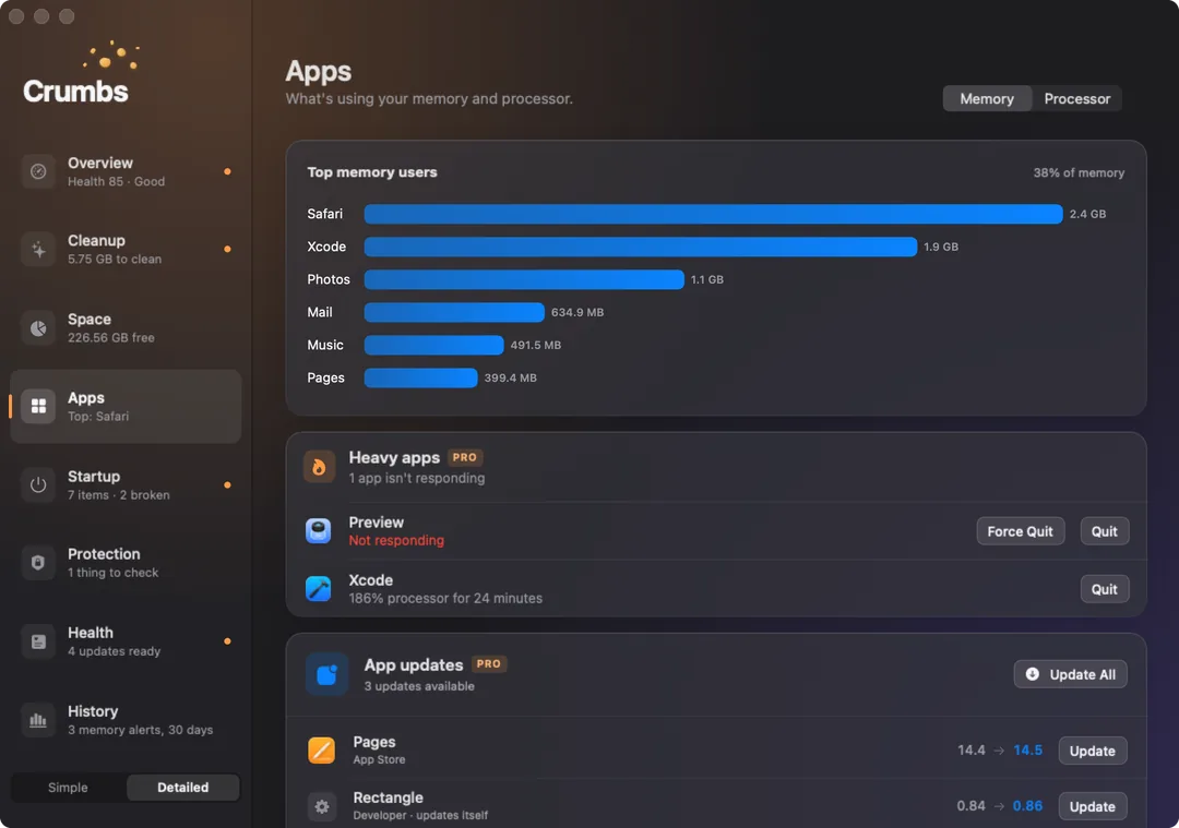 The Apps screen on a Mac: the apps using the most memory, a Heavy apps card with Force Quit for an app that is not responding, and App updates with an Update All button.