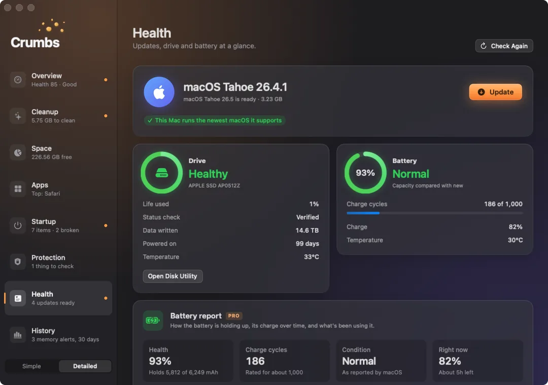 The Health screen on a Mac: a macOS update ready to install, drive health shown as Healthy, battery health at 93 percent, and a battery report.
