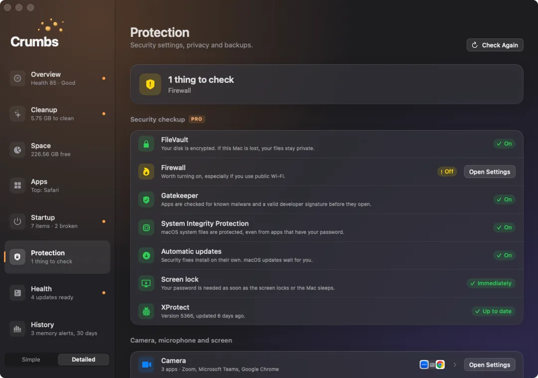 The Protection screen on a Mac: one thing to check, the firewall, then a security checkup showing FileVault, Gatekeeper, System Integrity Protection, automatic updates, screen lock and XProtect as fine, above the camera, microphone and screen access list.