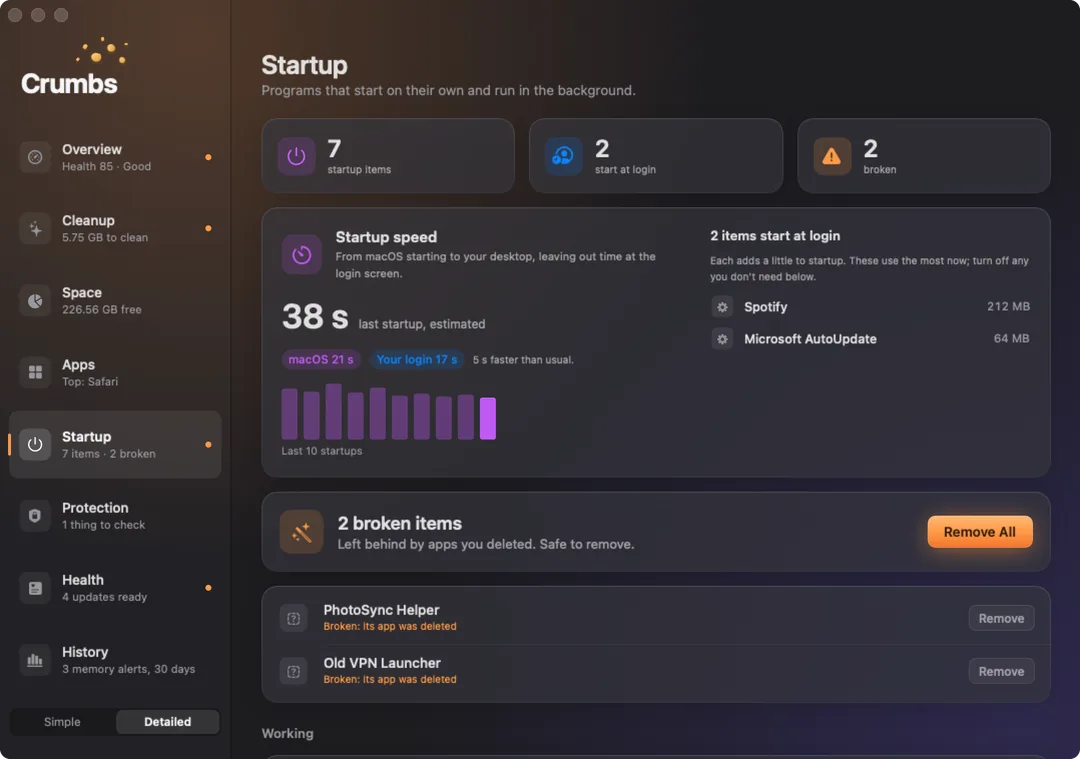 The Startup screen on a Mac: 7 startup items with 2 broken, a startup speed of 38 seconds with its recent history, and the items that start at login.