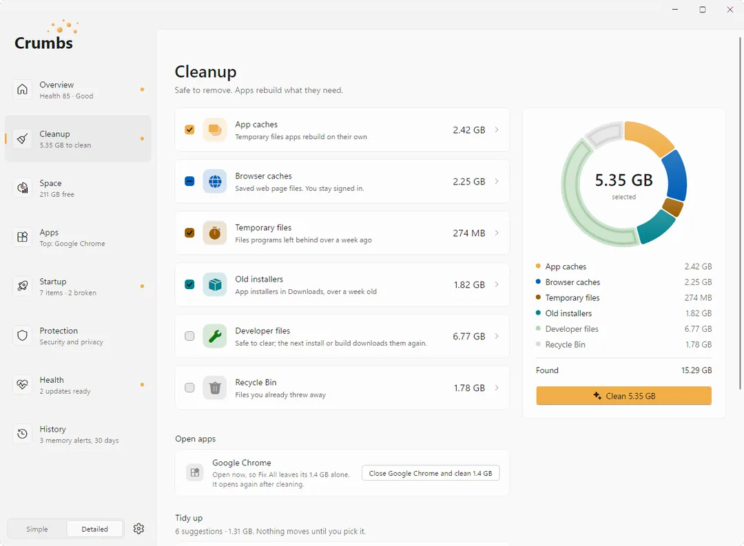 The Cleanup screen on Windows 11: app caches, browser caches, temporary files, old installers, developer files and the Recycle Bin with their sizes, a chart of 5.35 GB selected, an Open apps card offering to close Google Chrome and clean 1.4 GB, and tidy-up suggestions below.