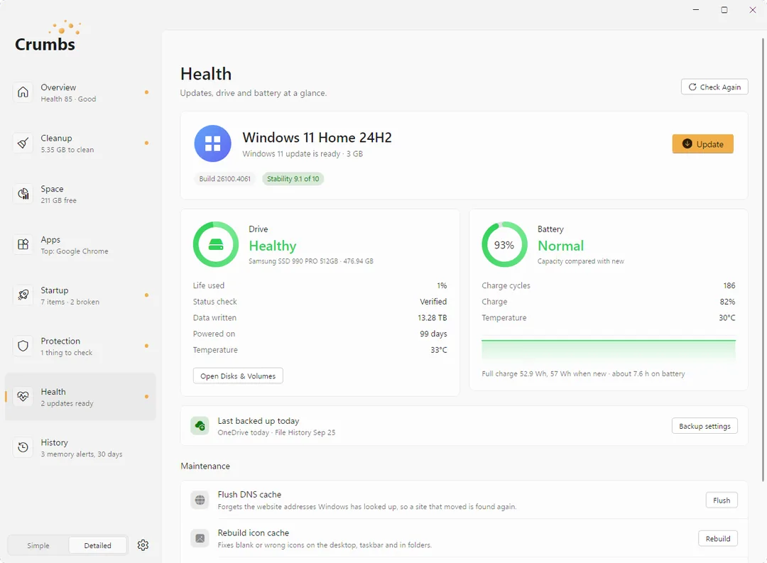 The Health screen on Windows 11: a Windows 11 update ready, an app update from Windows Package Manager, drive health shown as Healthy, battery health at 93 percent, the last backup, and maintenance tools.