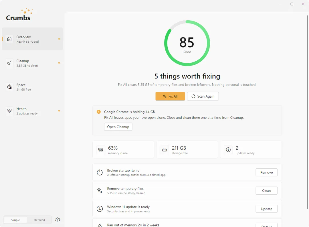 Crumbs in Simple view on Windows 11: a health score of 85, the line 5 things worth fixing, a Fix All button, and a short list of fixes.
