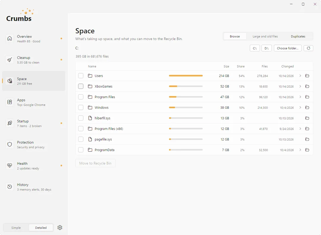 The Space viewer on Windows 11: the C: drive, 395 GB in 681,676 files, listed biggest first with size bars, share, file counts and last changed dates, from Users at 214 GB down. Tabs switch between Browse, Large and old files, and Duplicates.